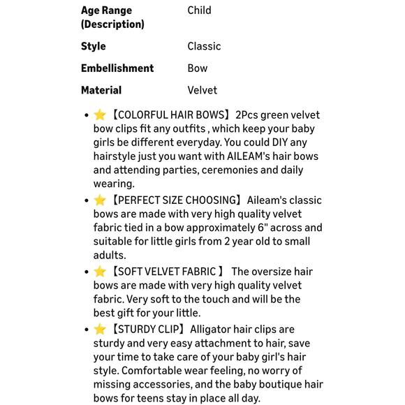 Velvet Hair Bows Girls 6" 2 Big Green Bow Alligator Clips for Kids Hair Clips s4 - Picture 5 of 6